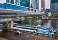 View of Bagration Bridge, pier with ships and skyscrapers Business Center Moscow City on the banks of the Moscow River