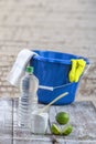 View of baking soda with ,blue, bucket, mop, gloves, lemon, vinegar, glove, natural mix,for effective house cleaning,on