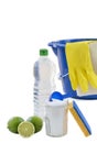 View of baking soda with ,blue, bucket, mop, gloves, lemon, vinegar, natural mix,for effective house cleaning,on wooden Royalty Free Stock Photo