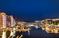 Colorful buildings and hotels and the Nidelva River at 2 am, Trondheim, Norway