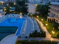 View from balcony to the night water pool complex with nobody.