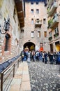 View of balcony and tourists on yard of Juliet`s house in Verona city Royalty Free Stock Photo