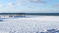View of the Baltic Sea in winter. Frozen snow and ice float in the water. Russia, Zelenogradsk