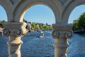 View through balustrade handrail bridge on Amsterdam canal Royalty Free Stock Photo
