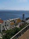 View of the bandoned houses and the watch tower on the Alcatraz Island, San Francisco, California, USA Royalty Free Stock Photo