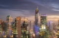 View of Bangkok city at sunset. Grand palace and Wat Phra Kaeo