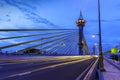 View of Bangkok skyline and beautiful bridge panorama at Chao Phraya River Bangkok Thailand at sunset. Maha Chesadabodindranusorn