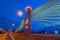 View of Bangkok skyline and beautiful bridge panorama at Chao Phraya River Bangkok Thailand at sunset. Maha Chesadabodindranusorn