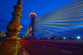 View of Bangkok skyline and beautiful bridge panorama at Chao Phraya River Bangkok Thailand at sunset. Maha Chesadabodindranusorn