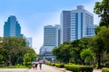 View at Bangkok skyscrapers from Lumpini city park, green oasis in modern busy city Royalty Free Stock Photo