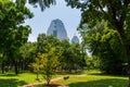 View at Bangkok skyscrapers from Lumpini city park, green oasis in city Royalty Free Stock Photo