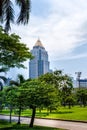 View at Bangkok skyscrapers from Lumpini city park, green oasis in city Royalty Free Stock Photo