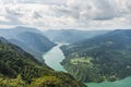 Landscape view from Banjska Stena on Drina river, mountains, dam and borde Royalty Free Stock Photo