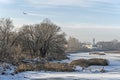 Branched trees on the Bank of the winter river Royalty Free Stock Photo