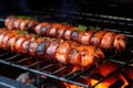 view of a barbecue grill roasting octopus tentacles Royalty Free Stock Photo