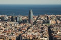 A view of Barcelona city, with the mediterranean sea at the bottom