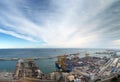View of barcelona docks and harbour with shipping containers being loaded, warehouses grain silos and railway lines Royalty Free Stock Photo