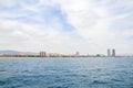 View of Barcelona from Mediterranean sea. Barceloneta beach and Port Olimpic Royalty Free Stock Photo