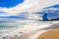 View of Barceloneta Beach and buildings in the background, Barcelona.