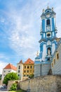 View at the Baroque Bell tower of Durnstein Abbey in Austria Royalty Free Stock Photo