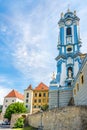 View at the Baroque Bell tower of Durnstein Abbey in Austria