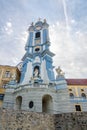 View at the Baroque Bell tower of Durnstein Abbey in Austria