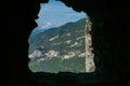 View through a barred window of an old castle