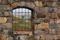 View through the barred window of an old railway turntable at Riksgransen in Sweden Royalty Free Stock Photo