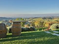 View of barrelas of wine in the Langhe countryisde in Pedmont