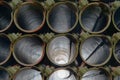View through the barrels of a Russian multiple rocket launcher MRL BM-21 `Grad`.