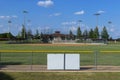 View of a baseball field from beyond centerfield