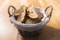 View of a basket full of bread slices on a wooden table. Traditional and healthy food concept Royalty Free Stock Photo