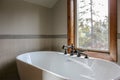 View of bathroom design with a white sleek freestanding tub