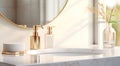 view of a bathroom sink, mirror and two toiletries, placed on a marble countertop Royalty Free Stock Photo