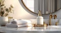 view of a bathroom sink, mirror and two toiletries, placed on a marble countertop Royalty Free Stock Photo