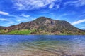 View of Bavarian mountains and their reflection on Schliersee lake