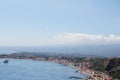 View of the bay, Sicily, Taormina, sea, beaches, sand and houses on the coast