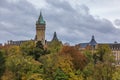 View of BCEE or Luxemburgish Spuerkeess Clock Tower in the UNESCO World Heritage Site of Luxembourg old town Royalty Free Stock Photo