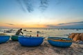 View of the beach at the basket boat dock at sunset Royalty Free Stock Photo