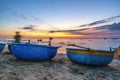 View of the beach at the basket boat dock at sunset Royalty Free Stock Photo