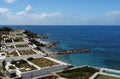 View of the beach, blue sea and modern villas luxury hotel in Gr Royalty Free Stock Photo