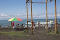 View of the beach. Blurred photo of people on sand beach, in sunshine day