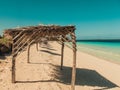 View from a beach cabana on the Caribbean, blue ocean and cloudy sky. A perfect summers day. Tropical background. with copy space Royalty Free Stock Photo