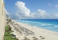 View of beach, Caribbean Sea and clouds in Cancun, Mexico