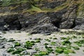 View of the beach caves at Portreath, Cornwall, England