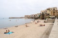 View of the beach of Cefalu with the old city in the background Royalty Free Stock Photo