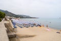 View of the beach of Cefalu with the old city in the background Royalty Free Stock Photo