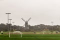 View of Beach Chalet Fields and Murphy Windmill in Golden Gate Park, San Francisco, California