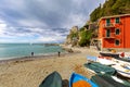 View on beach and colorful wooden boats, Monterosso, Cinque Terre, Italy