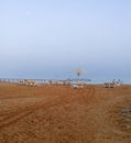 View of the beach of the Dead Sea with sunbeds and an umbrella. Israel. Royalty Free Stock Photo